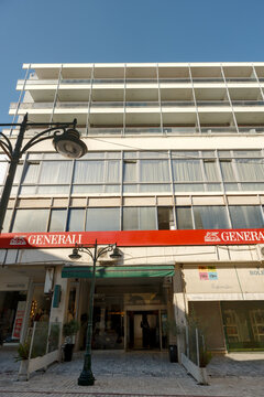 Modern building with Generali logo and lantern in Patras, Greece