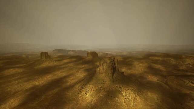 aerial desert panorama with distant buttes, hazy horizon, scattered monoliths, rippled terrain, subdued palette and cinematic wideangle perspective evoking