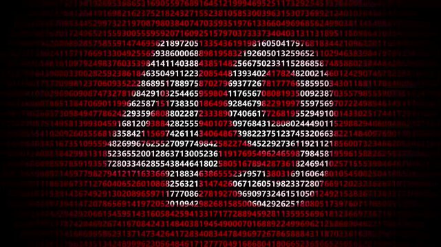 Abstract digital background featuring a 49 number shape formed by bright white numbers against a flowing red numerical stream alphabet data code technology math