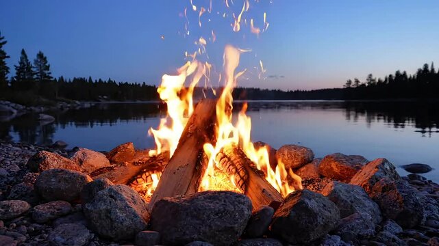 Bright campfire burning beside calm lake water at twilight captured in peaceful outdoor nature video footage