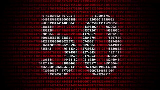 Abstract digital background featuring a 50 number shape formed by bright white numbers against a flowing red numerical stream alphabet data code technology math