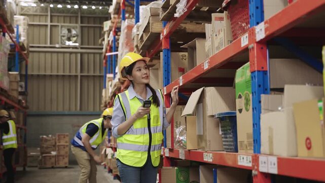 Team of Asian warehouse workers in uniform with yellow safety helmets holding and using a barcode scanner for checking inventory stock on shelves together in a logistics distribution factory center.