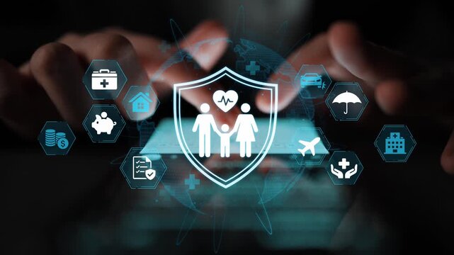 Hands Reaching Towards Digital Health Protection Icons with Family and Care Symbols on Futuristic Background. Entropy.