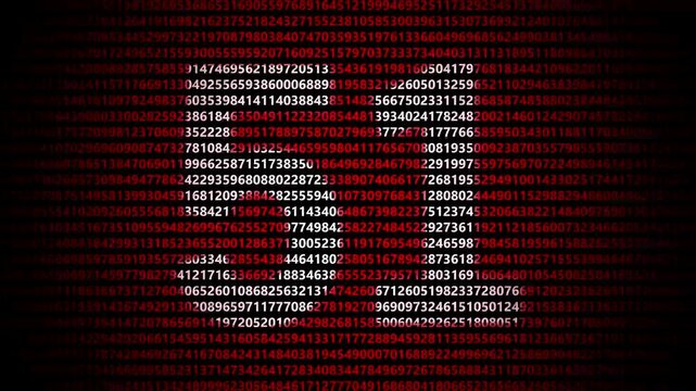 Abstract digital background featuring a 51 number shape formed by bright white numbers against a flowing red numerical stream alphabet data code technology math