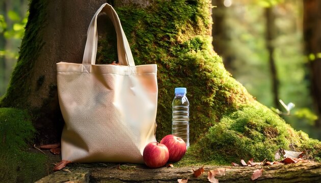 reusable canvas tote bag filled with apples and a water bottle leaning against a mossy tree trunk