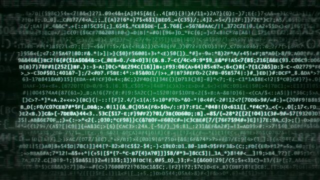 Digital green computer code scrolling rapidly on a dark screen for technology and programming concepts