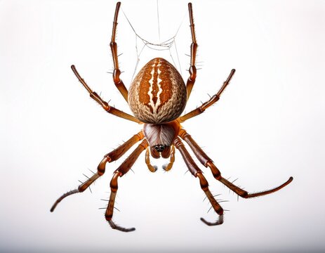 detailed macro shot of a large brown garden spider hanging from silk threads against a white background