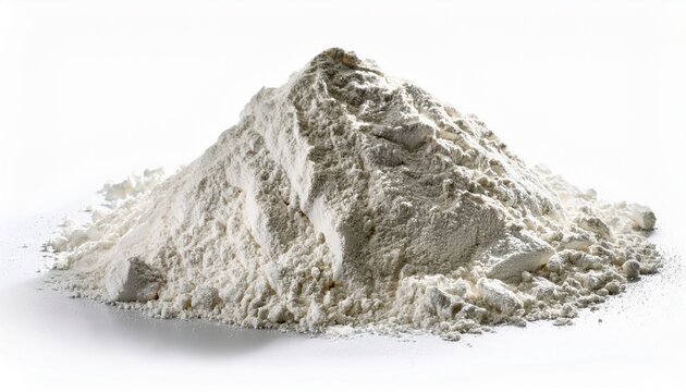 a small heap of dry white plaster powder and fine gypsum alabaster mineral dust isolated on a pure white background