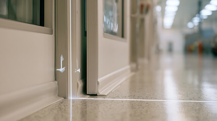 Fototapeta premium Precise laser level guide on a smooth floor in a modern, clean hallway, highlighting accuracy and alignment in an interior setting