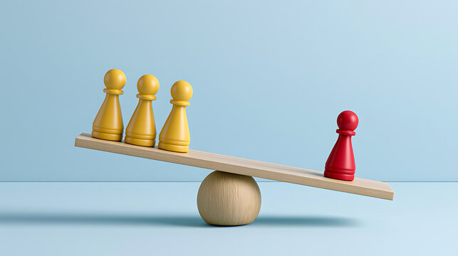 A single red figure on a seesaw balances three yellow figures, symbolizing power, advantage, and unequal weight distribution in competition