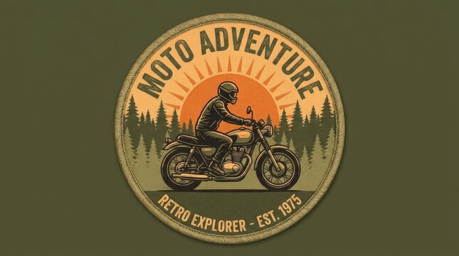 Vintage motorcycle adventure emblem with forest and sun background.