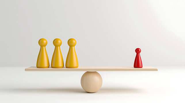 Three yellow game pieces on one side of a wooden balance scale with a single red piece on the other, symbolizing imbalance and decision