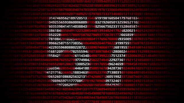 Abstract digital background featuring a 57 number shape formed by bright white numbers against a flowing red numerical stream alphabet data code technology math