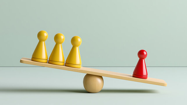 Three yellow game pieces balance on one side of a wooden seesaw against a single red piece on the other, illustrating imbalance and weight difference in a minimalist style