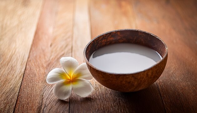 wabi sabi ceramic bowl with coconut water and frangipani flower on wood