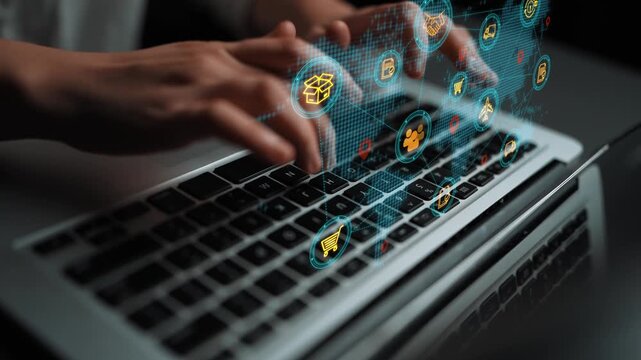 Hands Typing on Laptop with Digital Overlay of E-commerce Icons Representing Online Shopping and Internet Technology Concepts in Modern Workspace. Entropy.