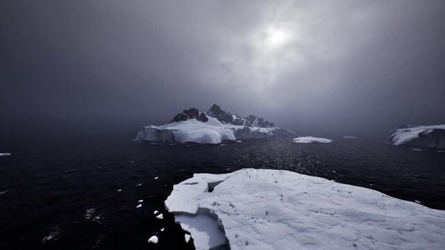 Brooding polar sea under storm clouds, dark water punctuated by drifting ice and distant rocky island, dramatic tension and raw maritime energy.