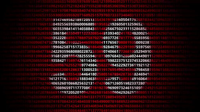 Abstract digital background featuring a 59 number shape formed by bright white numbers against a flowing red numerical stream alphabet data code technology math