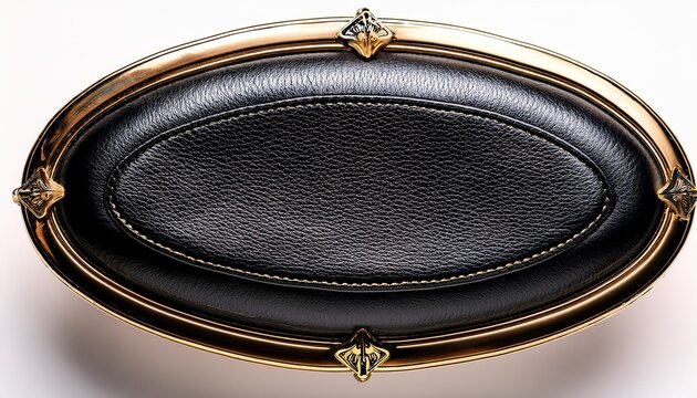luxurious oval black leather banner within an intricate gold metal border