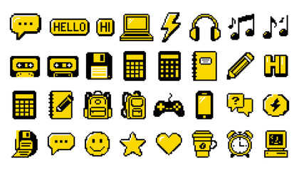 Retro Pixel Style Technology Icon Collection with Chat Messages, Computers, Headphones, Music, Calculator, Smartphone and Gaming Symbols