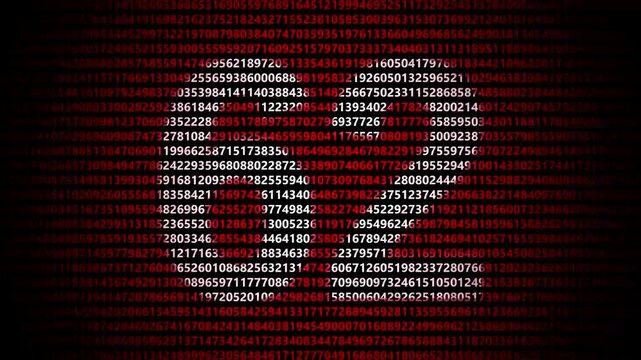 Abstract digital background featuring a 62 number shape formed by bright white numbers against a flowing red numerical stream alphabet data code technology math