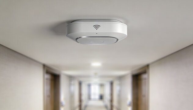 Medium shot of a sleek hallway WiFi access point mounted on the ceiling sharply focused with blurred corridor walls emphasizing seamless guest internet connectivity in hotels.