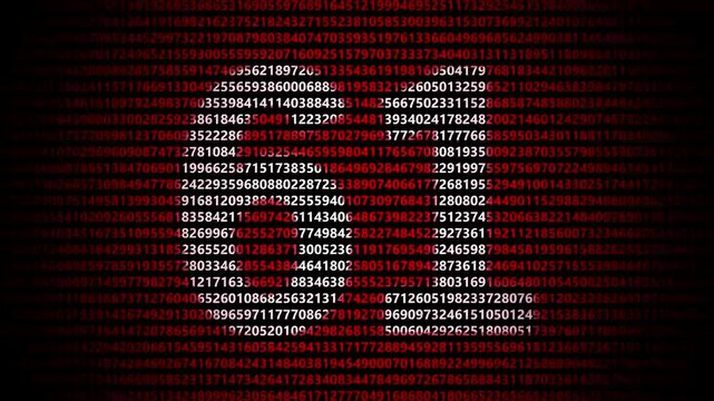 Abstract digital background featuring a 61 number shape formed by bright white numbers against a flowing red numerical stream alphabet data code technology math