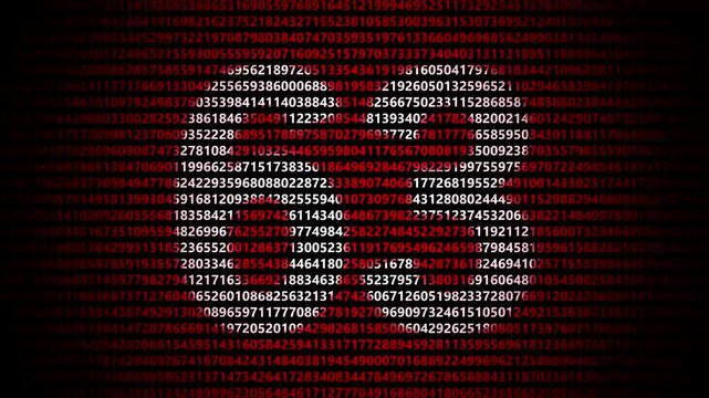 Abstract digital background featuring a 63 number shape formed by bright white numbers against a flowing red numerical stream alphabet data code technology math