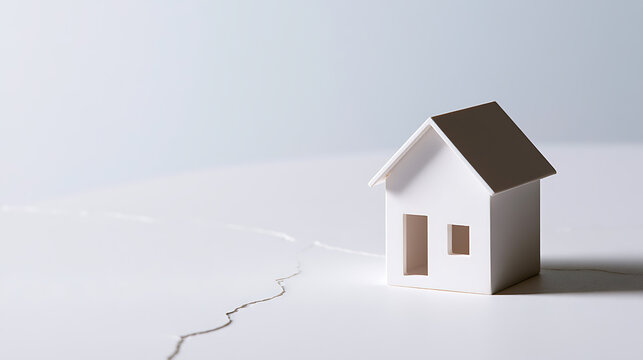 Small white model house with a prominent crack running across a bright surface, symbolizing vulnerability, damage, or structural issues in property