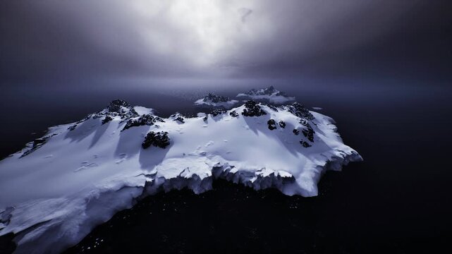 snowy edge fragmented over dark ocean, fractured ice shapes and exposed black rock suggest erosion and vulnerability, heavy clouds and cold palette reinforce