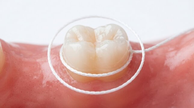 Dental molar wrapped with floss on gum closeup for oral hygiene and dental care poster and patient education
