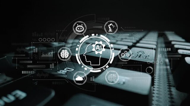 Close-Up of Computer Keyboard with AI Graphics Displaying Technology, Innovation, and Digital Transformation Concepts in Dark Environment. Entropy.