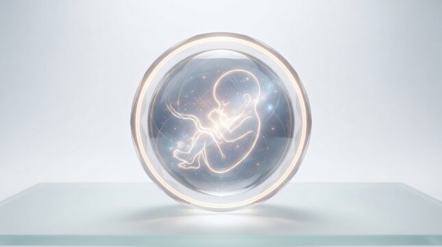 Futuristic illuminated fetal sphere on pedestal with soft glow for medical poster and biotech background and conceptual display