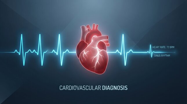 Glowing stylized heart with cyan electrocardiogram waveform and cardiovascular diagnosis text for medical poster and health presentation background