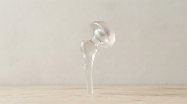 Transparent hip joint prosthesis model on wooden surface for orthopedic study and implant design presentation and clinical teaching