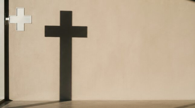 Dark cross shadow on a beige wall minimal religious background for poster and banner design