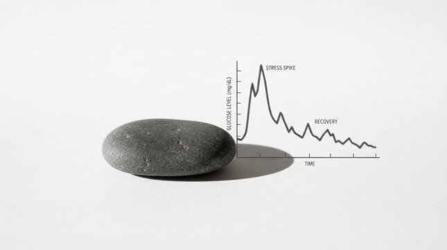 Flat river stone beside stress spike and recovery glucose chart for mental health infographic background and wellness poster design