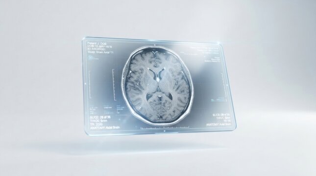 Transparent digital tablet displaying axial brain mri scan for medical background and diagnostic interface and health technology design