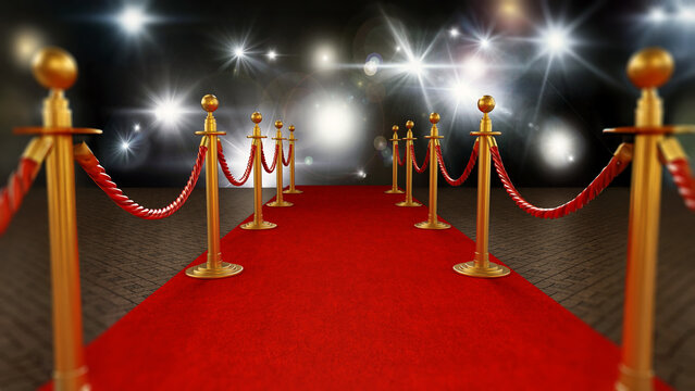 Red carpet and velvet ropes on gala night background. 3D illustration
