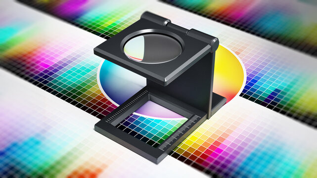 Printing loupe on color chart. 3D illustration