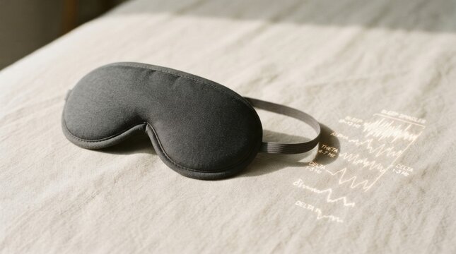 Black sleep mask on linen with sleep tracking waveform projection for wellness app background and relaxation design