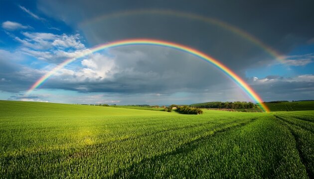 full rainbow arcing over green field after storm in countryside