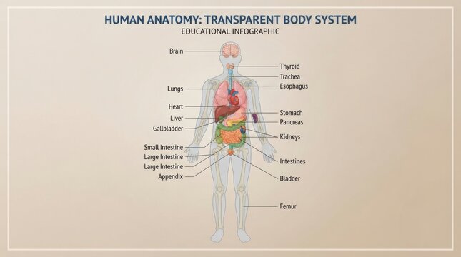 Transparent human body anatomy infographic with labeled internal organs for educational poster and medical background