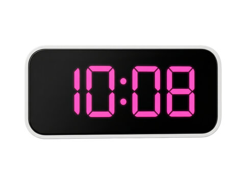 Close-up of a digital clock showing 10:08 with vibrant pink LED numbers set against a dark backdrop.