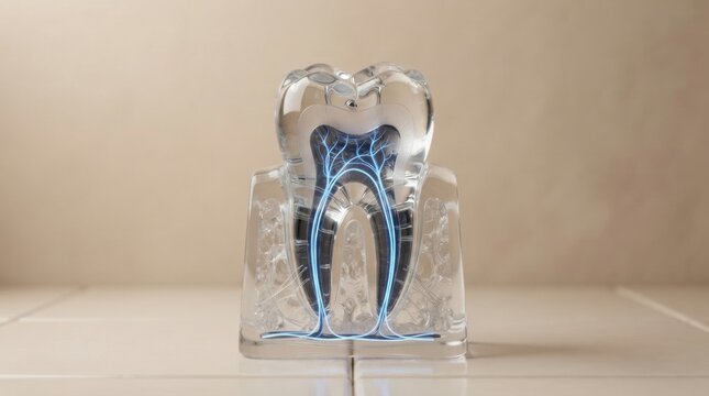 Transparent tooth model with internal nerve pathways for dental education display and medical illustration background