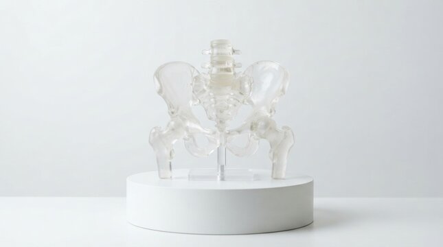 Transparent pelvic bone model on pedestal for orthopedic education and medical training background design