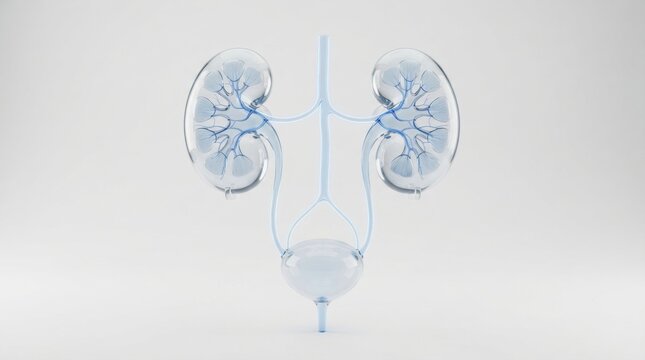 Transparent urinary system illustration featuring kidneys ureters bladder and urethra with renal structures for medical background and anatomy education poster