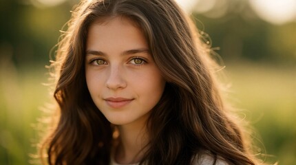 Obraz premium Young girl with long brown hair smiles gently. Her green eyes look at camera outdoors in natural daylight. Soft sunlight illuminates her face, creating a peaceful atmosphere.