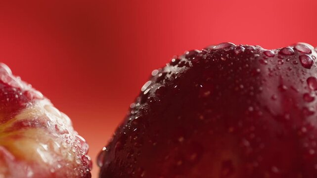 Nectarine or peach fruit, fresh Spanish red nectarine, peaches stacked on wooden table with red background