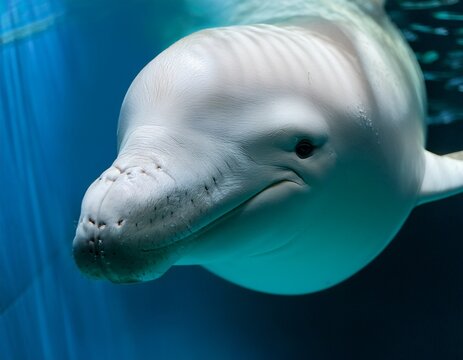 backgrounof close up of a beluga whale with a gentle expression showcasing its smooth skin and rounded features